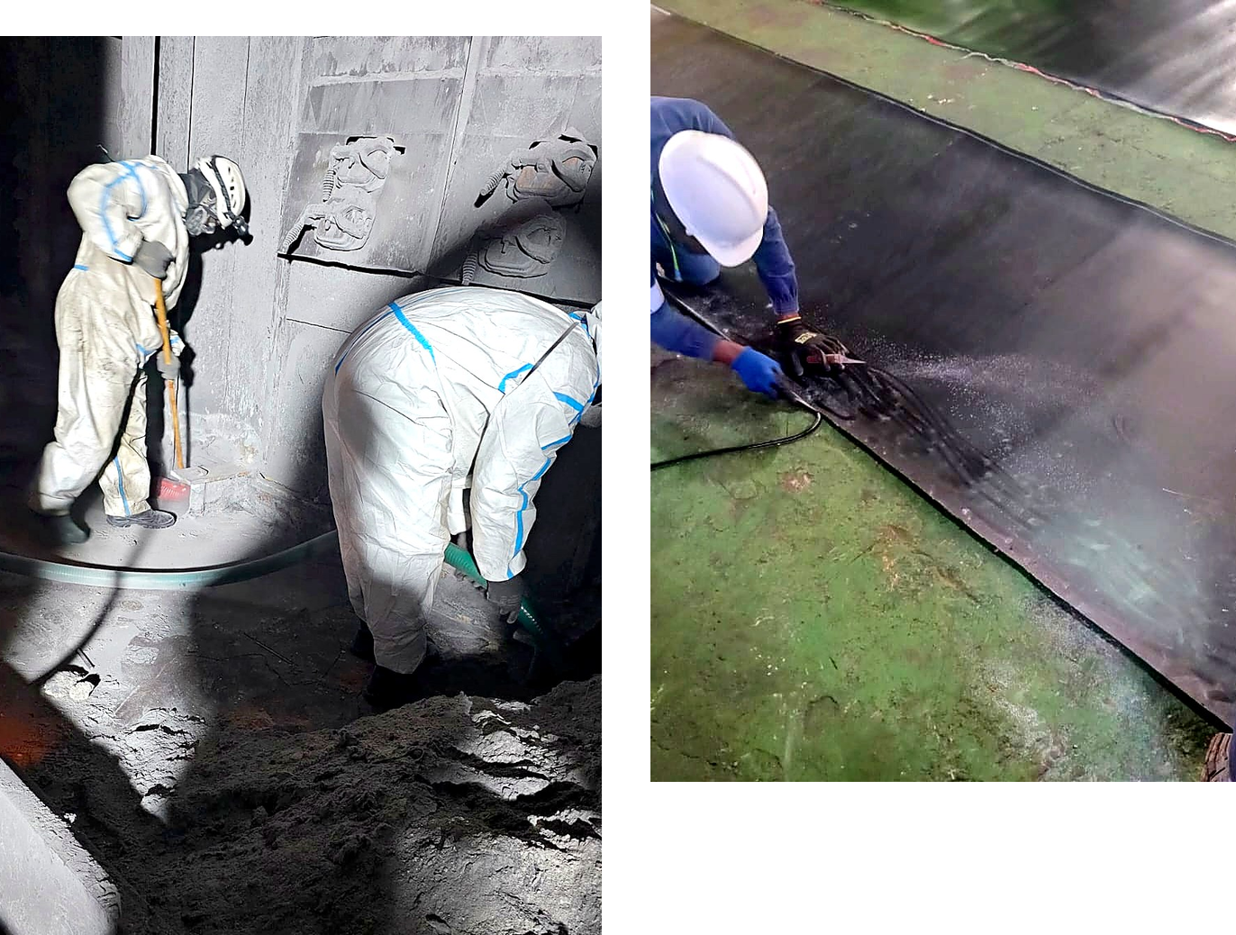 Umbusso technicians working in a confined space and applying rubber lining